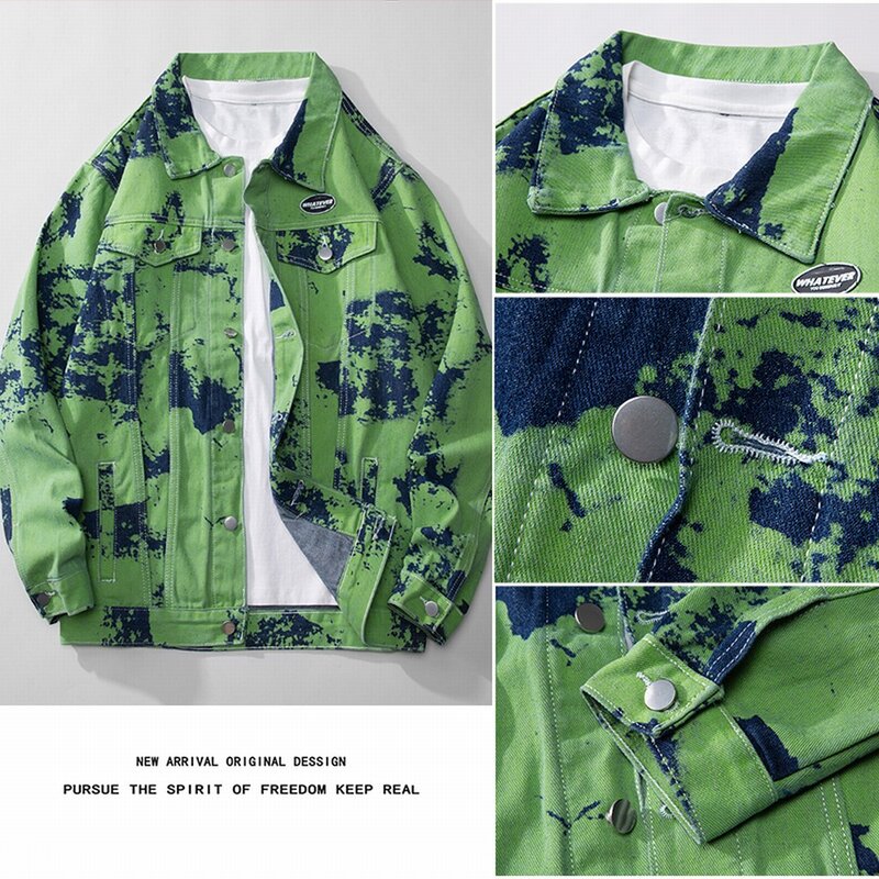 Spring Autumn Green Jacquard Pattern Denim Jackets Wash Cotton Jaqueta Jeans Streetwear Loose Chaquetas Hombre Masculina Coats