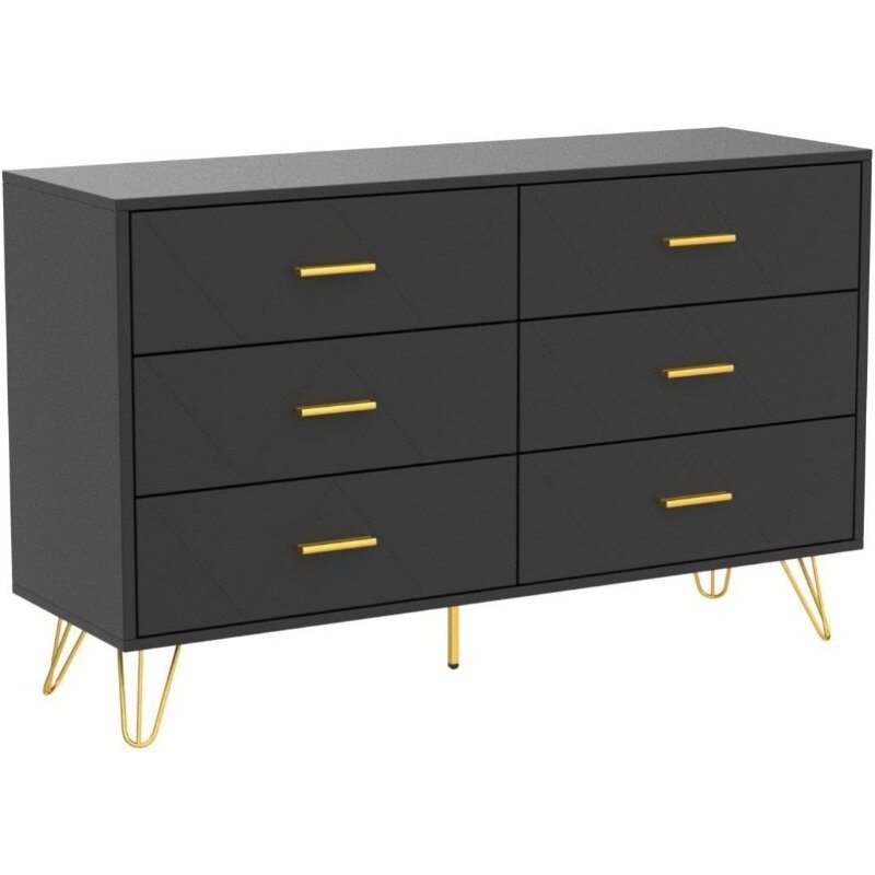 Modern Dresser for Bedroom, 6 Drawer Double with Wide Drawers and Metal Handles, Wood Dressers & Chest of Hallway, Entryway.