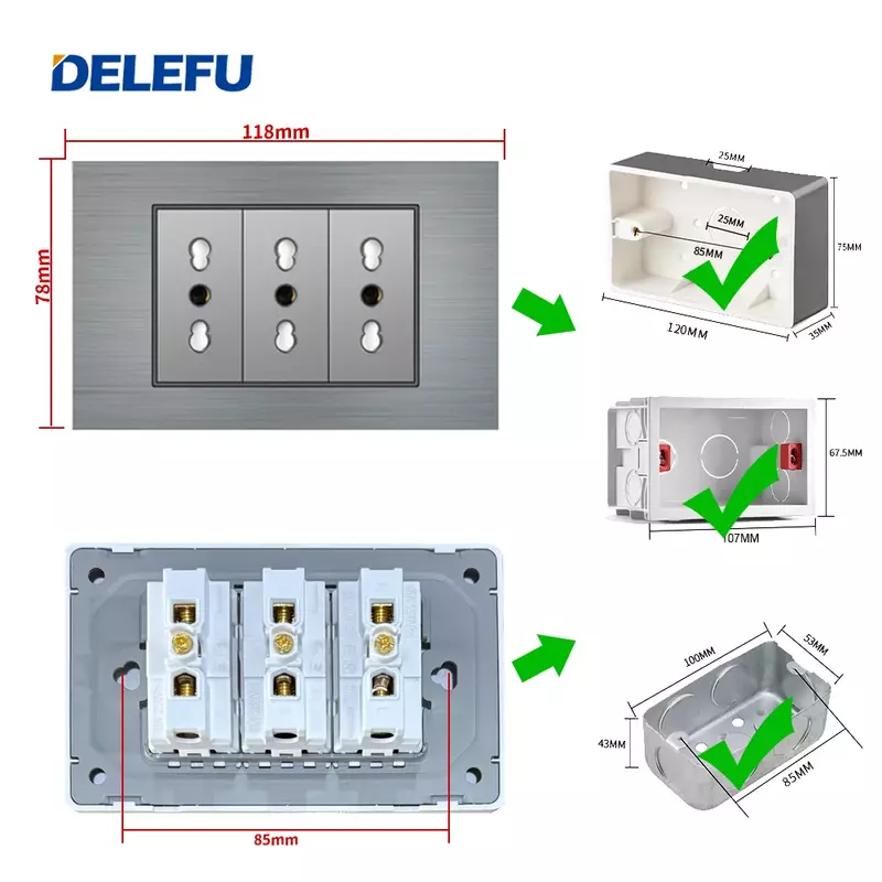 DELEFU-panel de aluminio cepillado, enchufe de pared estándar italiano de la UE, serie gris, USB tipo C