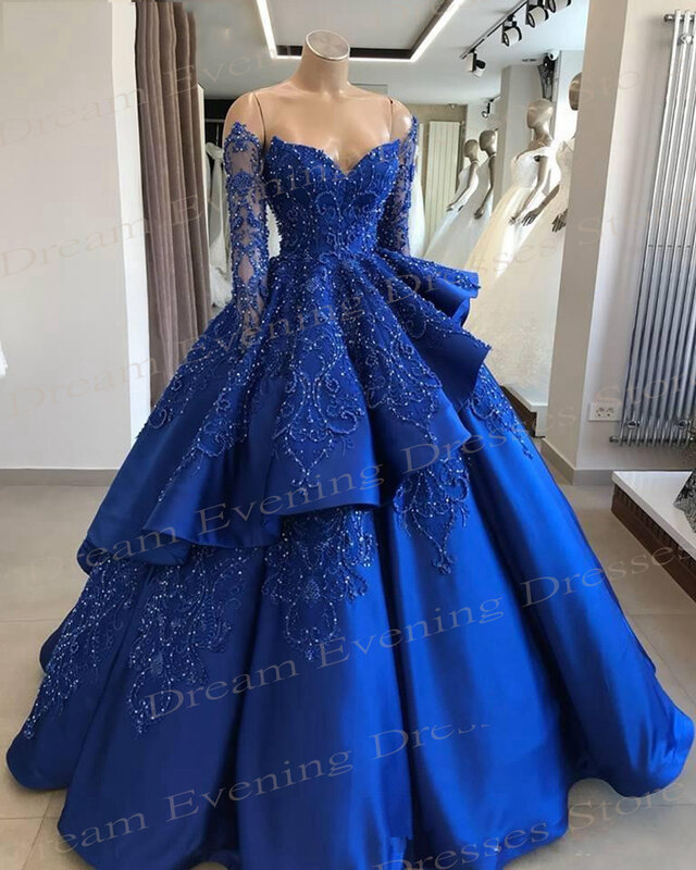 2024 neue Königsblau eine Linie Damen Abendkleider klassische Applikationen von der Schulter Ballkleider abgestufte Vestidos de Noche elegantes