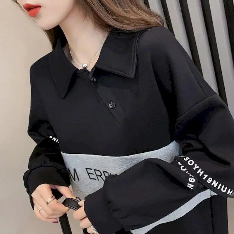 Koreanischen Stil Pullover Frauen Revers Brief Große Größe Langarm T-shirt Frühling Herbst Dünne Mode Lässig Top Frauen Lose T-shirt