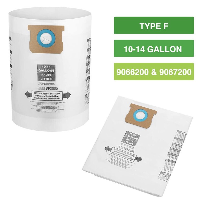 Sacs filtrants de collecte pour Shop-Vac 9066200, 10-14 gallons, Type F + Type I, pièces de rechange 90662 et 90672, VF2005, 10 paquets