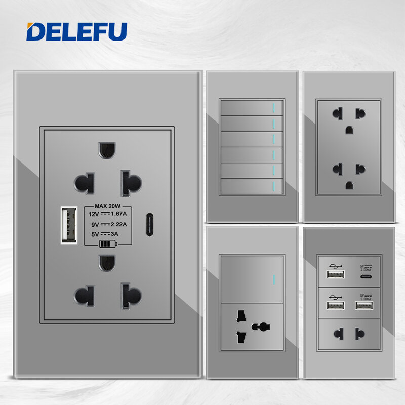 Delefu/Thailand/EU standard 118x74mm wall socket, Grey tempered glass plate USB C charging socket, 15A wall light switch, 5