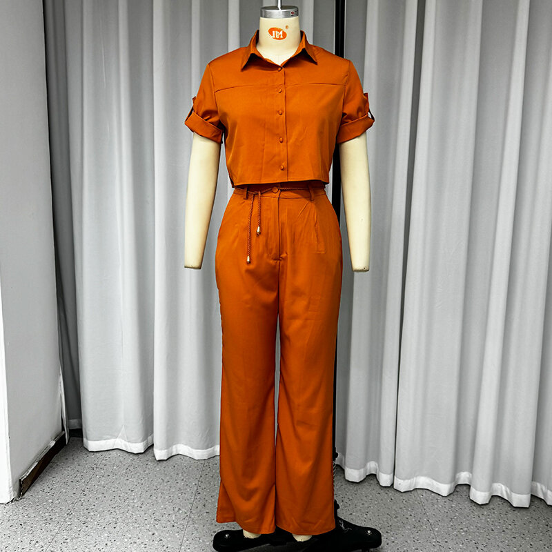 Wefads-Conjunto de dos piezas de verano para mujer, Top de manga corta con botones y solapa lisa, Pantalones anchos holgados con cinturón