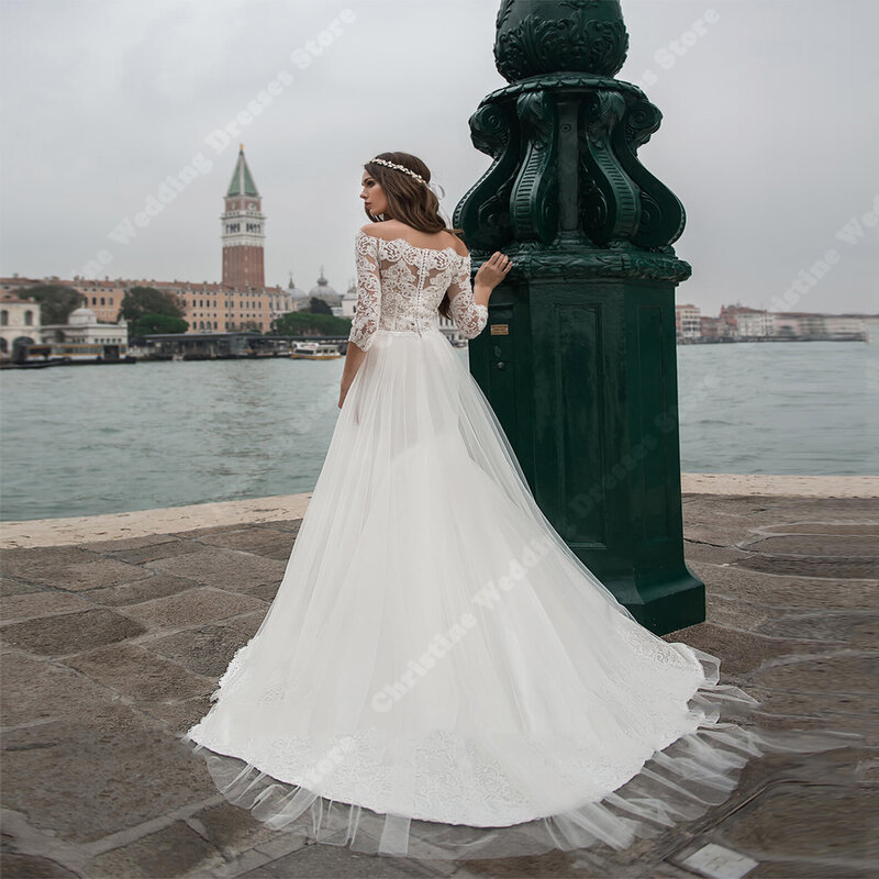 Tiulowe damskie suknie ślubne z wdziękiem i koronką z nadrukiem bez pleców suknie ślubne eleganckie naklejka z kwiatami Vestidos de Novias 2024