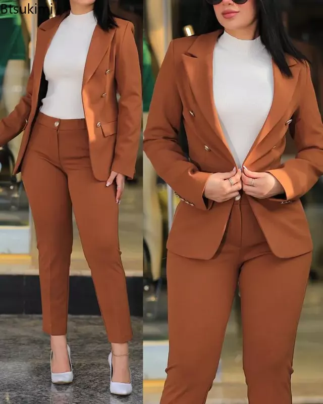 New 2024 Formal Office Pant Sets Women 2PCS Double Breasted Solid Blazers Jacket and Pants Two Pieces Set Female Pant Suits Sets