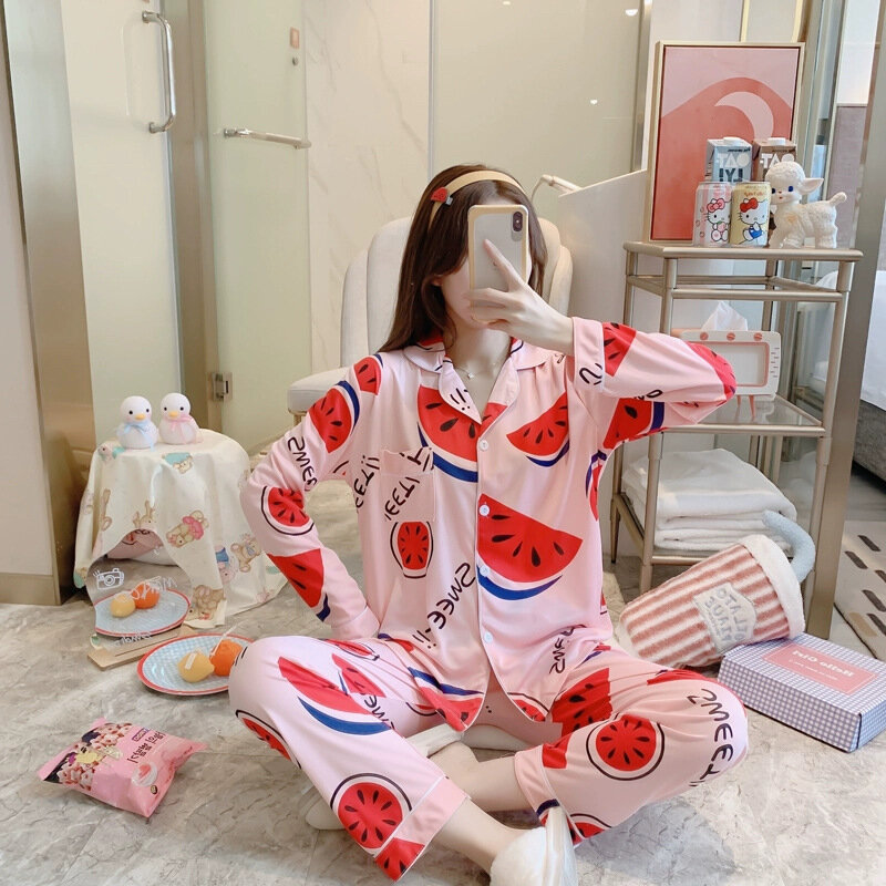 Женский пижамный комплект, Хлопковая пижама с цветочным принтом, Женская домашняя одежда, мягкая одежда для сна, рубашка с длинным рукавом и лацканами, брюки, костюм для сна