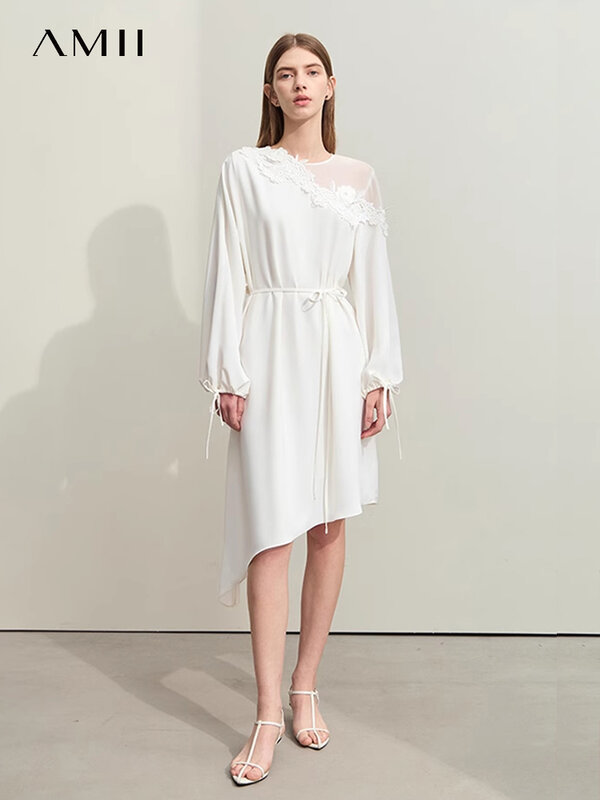 AMII-Vestidos minimalistas para mujer, ropa holgada de gasa empalmada Irregular, de encaje sin tirantes y manga larga, 2024