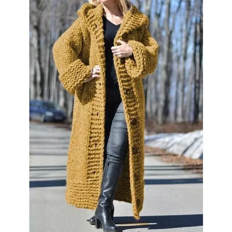 Sweater rajut panjang wanita, kardigan bertudung longgar, mantel panjang rajutan besar 2023