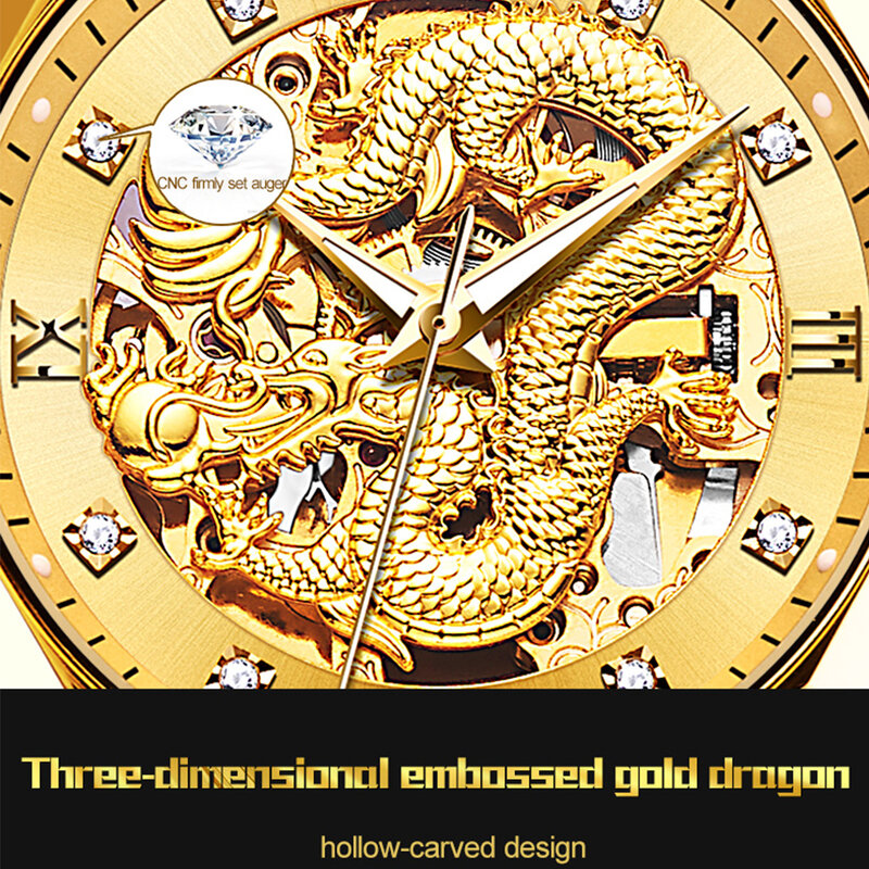 Złoty smok zegarek JSDUN dla mężczyzn luksusowa marka automatyczny zegarek mechaniczny ze stalowy pasek nierdzewnej-rzeźbiony zegarek męski prezent 8840