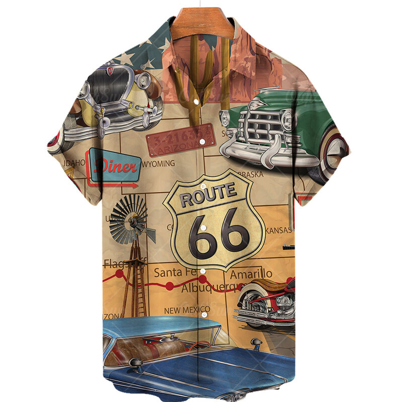 Camisa de manga curta havaiana masculina, Route 66 Street, camiseta clássica impressa em 3D, lapela de música rock, top masculino, roupas vintage, plus size, nova