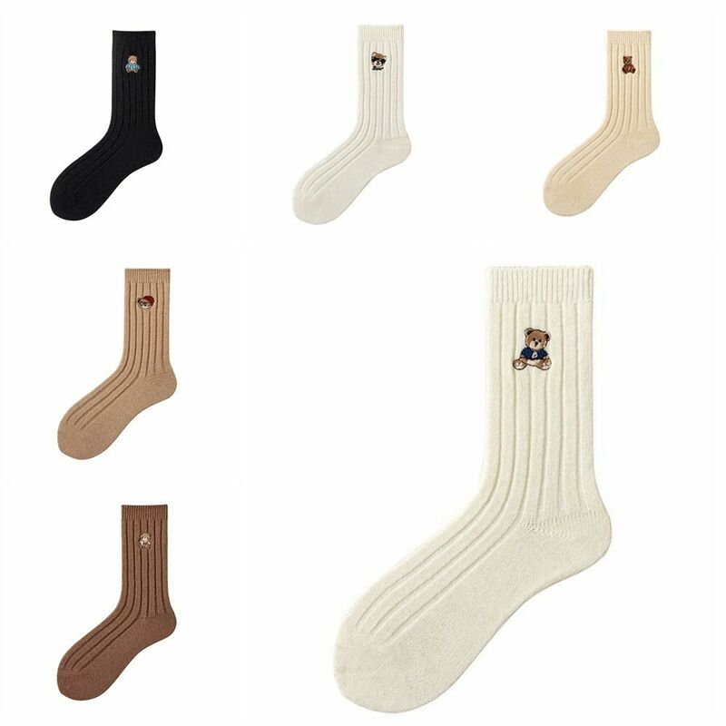 Sweet Cartoon Embroidered Little Bear Socks Autumn and Winter New Fashion Solid Color Calf Socks for Female Hosiery