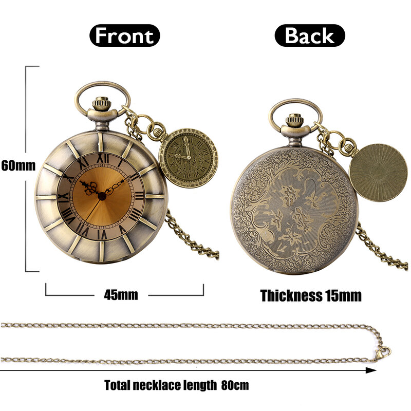 Bronze Transparent Glass Roman Numerals Dial Design Quartz Pocket Watch Antique Necklace Chain Pendant Gifts with Accessory