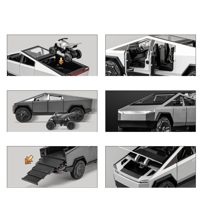 1/32 miniatur mobil mainan Pickup truk Cyber Tesla Diecast Model kendaraan Off Road logam koleksi lampu suara tarik belakang hadiah anak laki-laki