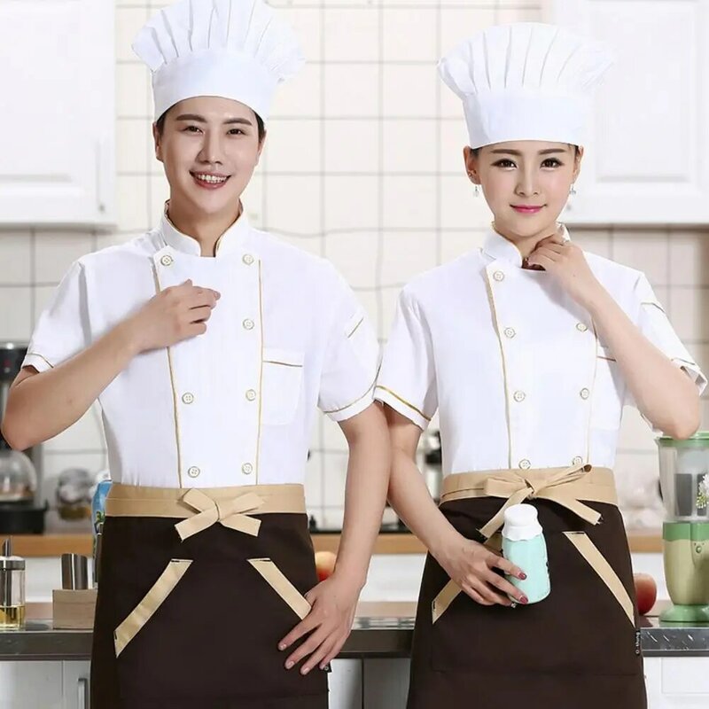 Celemek koki potongan tiga dimensi, seragam koki tahan noda bernapas untuk dapur toko roti restoran potongan ganda pendek