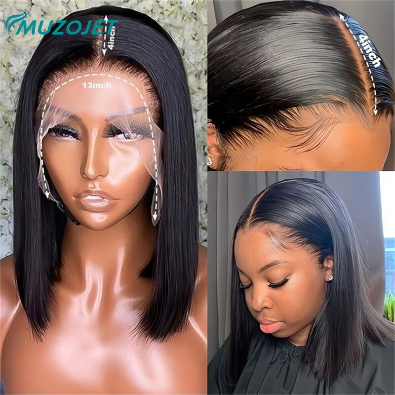 Perruque Bob Lace Front Wig Naturelle Courte et Lisse, Cheveux Humains, 13x4, Transparent HD, pour Femme Africaine