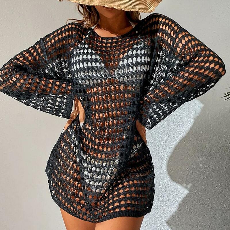 Knitted Swimwear Cover Up Stylish Crochet Beach Dress Sexy Swimsuit Cover Up Summer Hollow Bikini Cover Up O-neck Long Sleeve