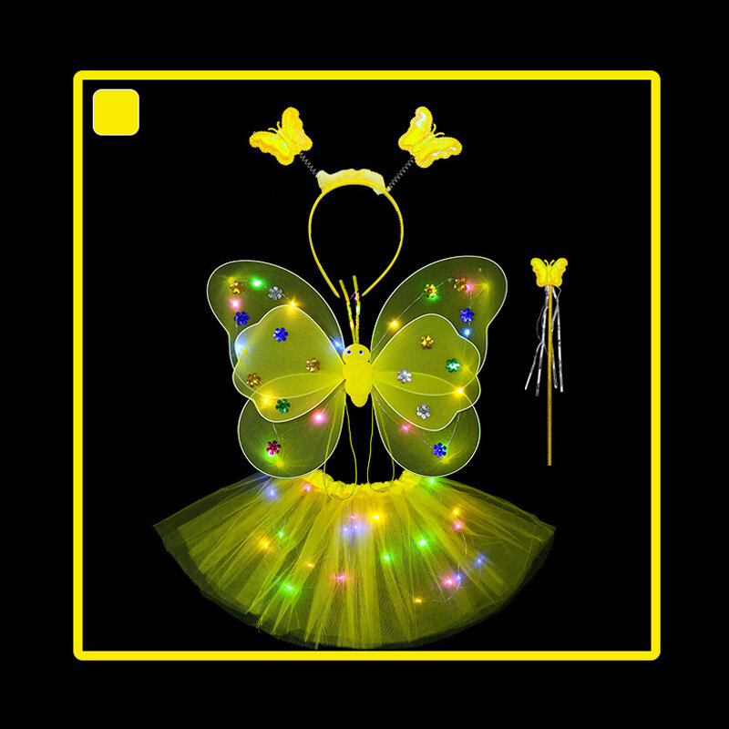 여아용 LED 빛나는 요정 나비 날개, 어린이 코스튬 라이트 업 날개, 지팡이 머리띠 장식, 1 세트
