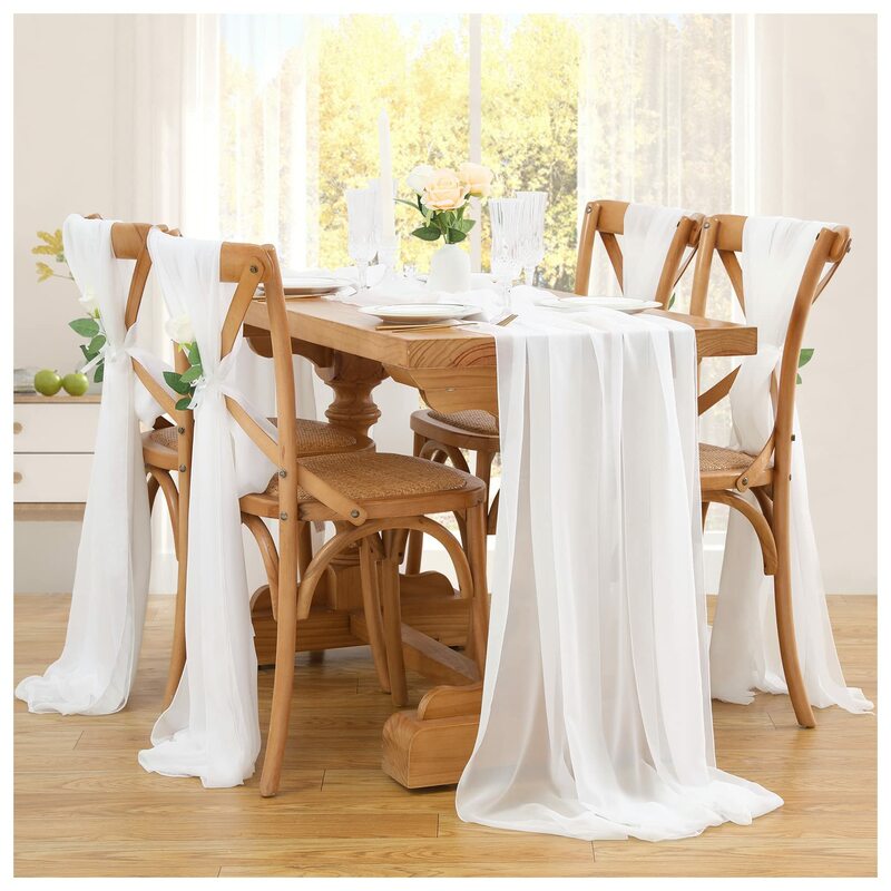Białe szyfonowe krzesło do bieżni, romantyczne stół weselny biegacze do kąpieli w dekoracja stołu na przyjęcie dla nowożeńców