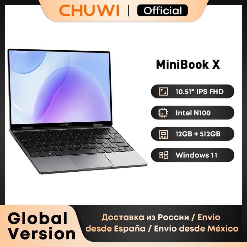 CHUWI MiniBook X Laptop PC, Notebook 2 In 1 12GB LPDDR5 512G SSD Intel N100 10.51 inci FHD layar IPS 1920*1200 Windows 11
