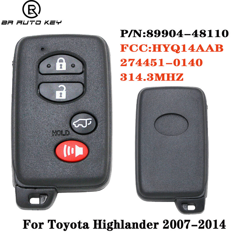 Mando a distancia inteligente para Toyota Highlander, 4 botones, sin llave, go, 89904-48110, 2007 Mhz, Chip 4D, FCC:HYQ14AAB, 2014-314,3, 271451
