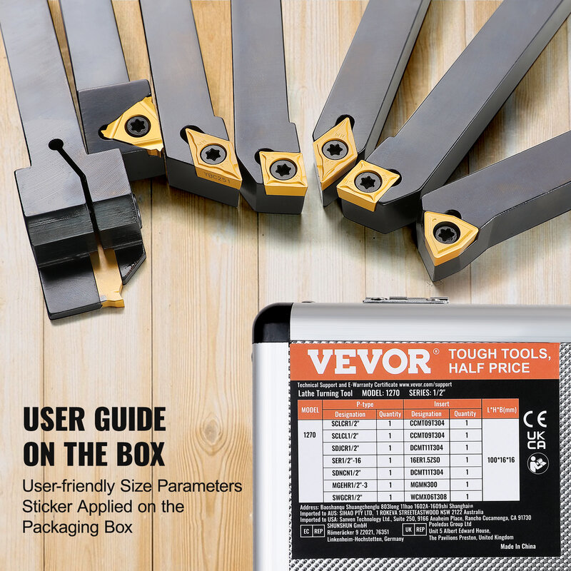 VEVOR Indexable Carbide Lathe Tools 1/2\" Metal Lathe Cutting Tools 7 Pcs/Set Indexable lathe tools Super-Hard 40CR Lathe Bits