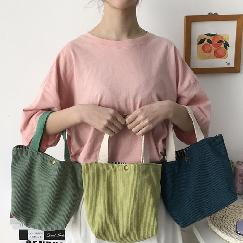 Lunch Bag For Women Portable Small Corduroy Tote Bags Mini Female Students Bento Picnic Food Bag Travel Handbags 2024 New