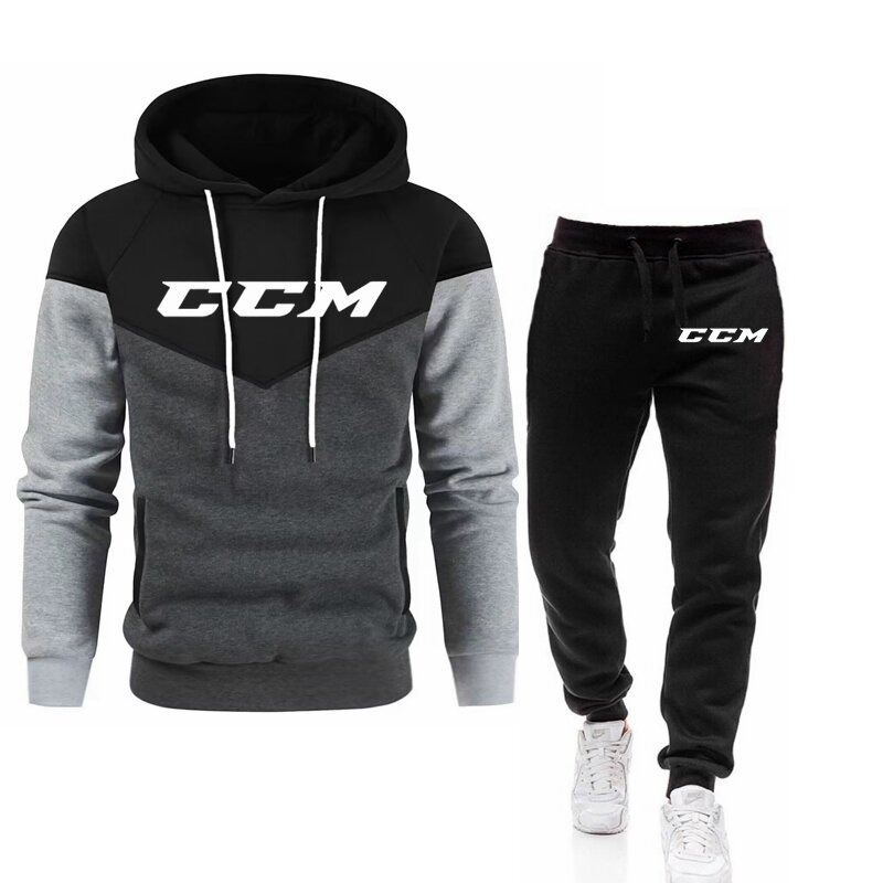 CCM Men's hooded sweatshirt and lace-up pants, tracksuit, athletic hooded sweatshirt, Spring and Autumn 2024, 2 pieces