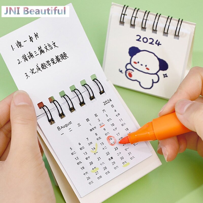 Calendario de escritorio pequeño Simple Ins para estudiantes, lindo perro de dibujos animados, conejo, Mini nota, estudio, oficina, 2024 años