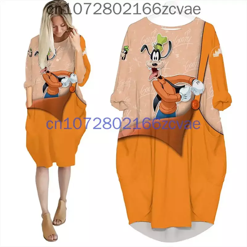 Disney Goofy Oversize Long Sleeves Pocket Dress Disney Cartoon Batwing Pocket Dress Women's Fashion Versatile Loose Party Dress