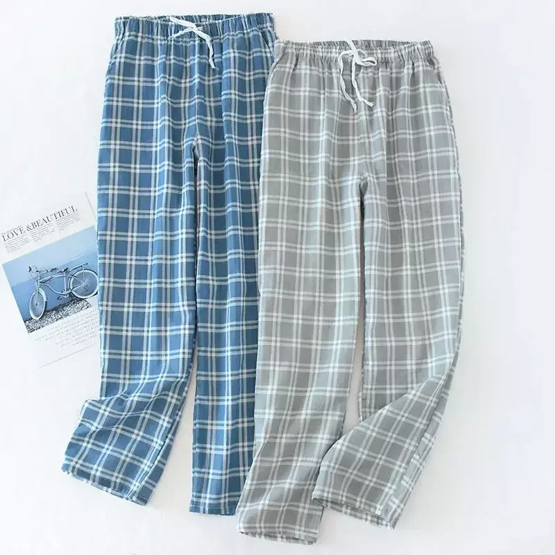 Men Lounge Band Pajama Gauze Cotton Knitted Loose Sleepwear Sleep Elastic Pijama Bottoms Shorts Pants Plaid Trousers Mens Wear