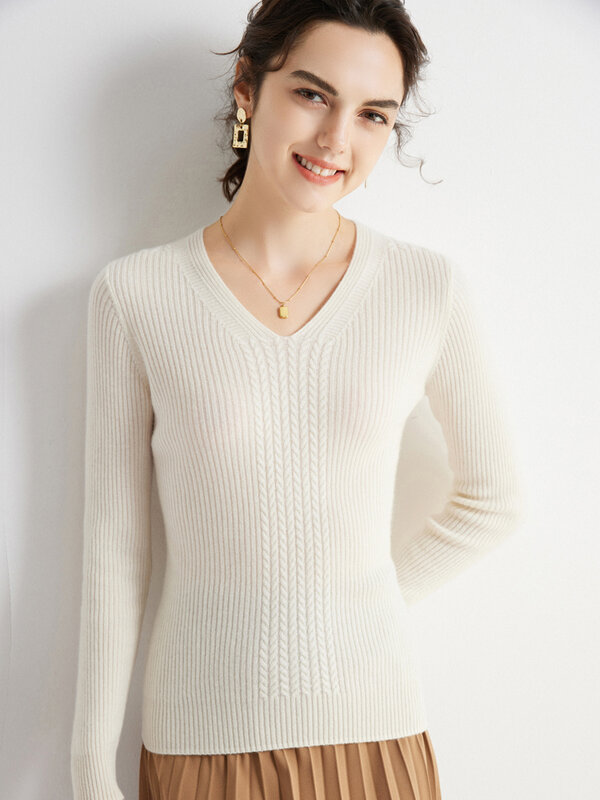 Sweater ramping leher V wanita, atasan Sweater kasmir lengan panjang warna murni gaya sederhana musim semi musim gugur 100% untuk perempuan