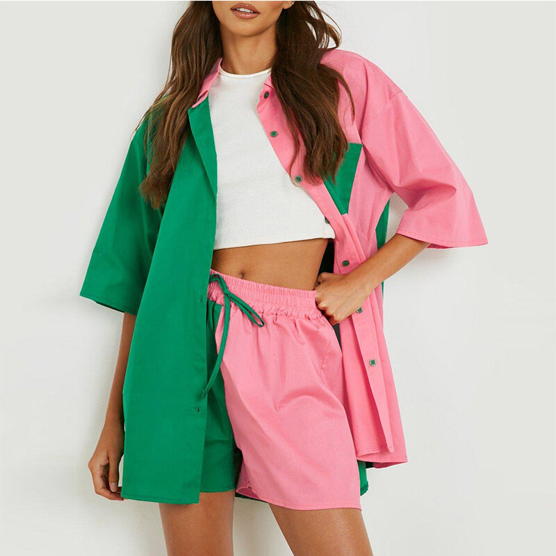 Verão manga curta bolso moda colorblock botão camisas topos algodão solto casual estilo feminino roupas de duas peças shorts conjuntos