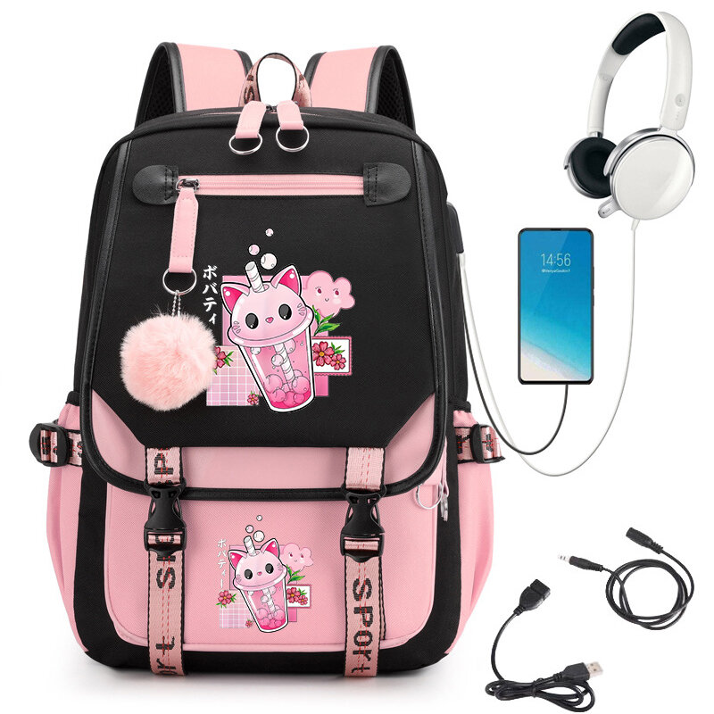 กระเป๋ากระเป๋าเป้โรงเรียนนักเรียนวิทยาลัย Boba Milk Kawaii School กระเป๋าเป้ชาร์จ USB กระเป๋าหนังสือใส่แล็ปท็อป travle PRIMARY bookabg