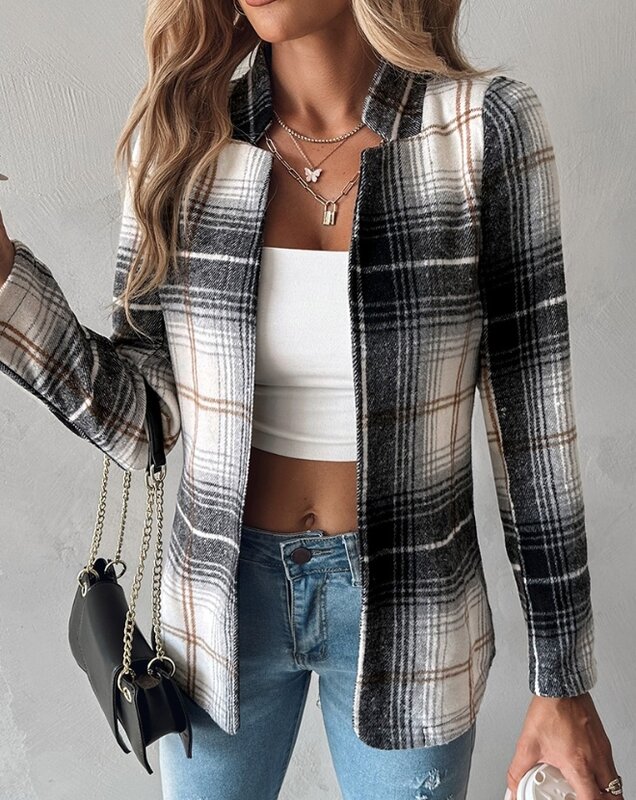 Woman Fashion Coat 2023 Autumn Winter Spring New Casual Elegant Plaid Pattern Notched Collar Blazer Coat Female Clothing Outfits