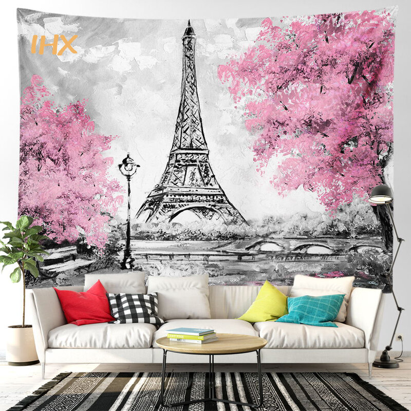 Eiffel Tower Pink Tapestry Wall Hanging Kawaii Room Decor Oil Painting Art Wall Tapestri Girls Bedroom Home Aesthetic Decoration