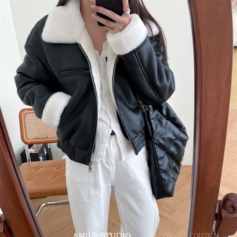 女性のヴィンテージレザージャケット,暖かいパーカーコート,機関車の服,ゆったりとした模造ウール,短い毛皮,韓国の冬,新しい2021