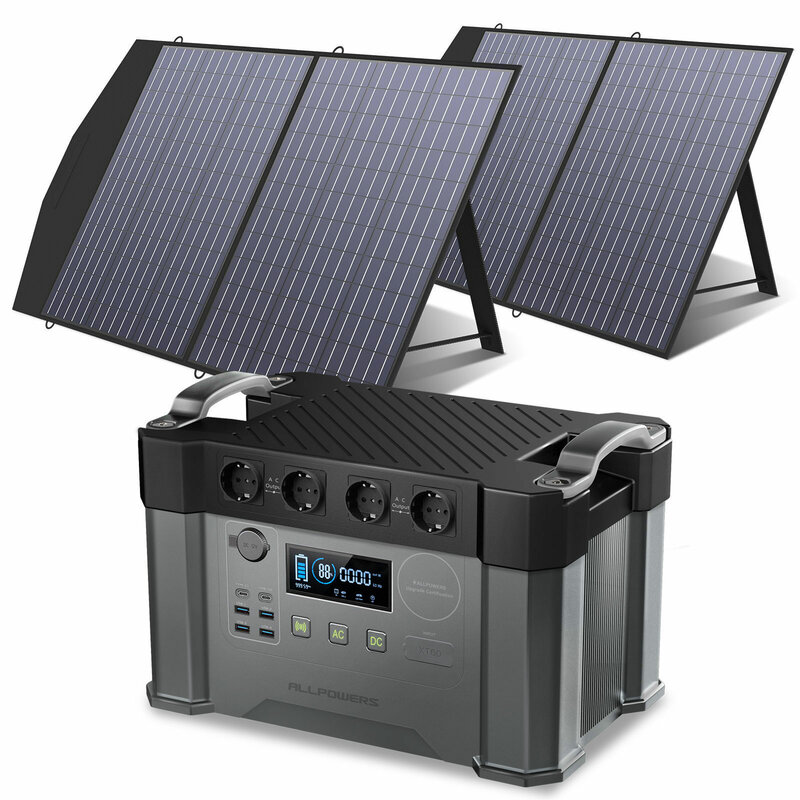 ALLPOWERS-Gerador Solar Carregador de Bateria 2000W, 110V 230V Pure Sine Wave AC Outlet com 2x100W Painel Solar Portátil para o Exterior