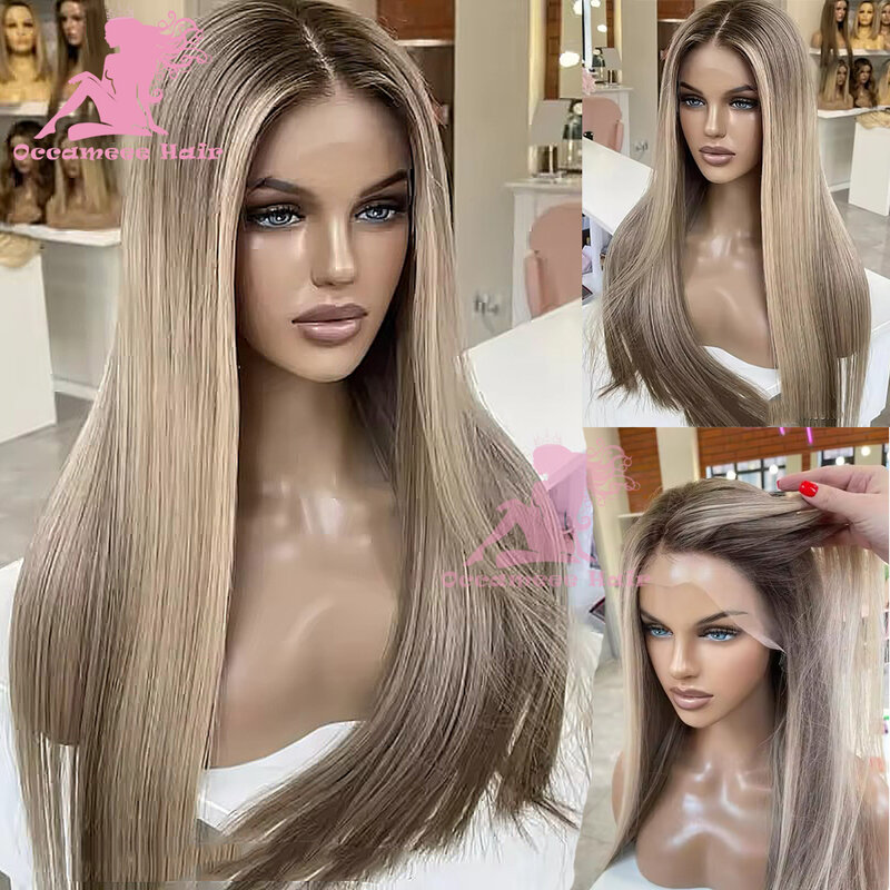 Highlight Straight Human Hair 13*4 Lace Front Wig Preplucked Full 360 Frontal Transparent Swiss Lace Wigs Brazilian Remy Hair Gl