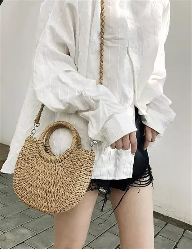 LW034 borsa di paglia intrecciata in Rattan semicircolare fatta a mano borse a tracolla Messenger da donna estive borsa da spiaggia piccola per ragazze