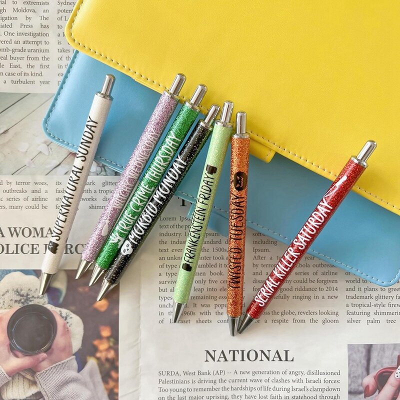 NEW-7Pcs długopisy w dni powszednie brokatowy długopis z zabawnymi powiedzeniami żywe pasywne fantazyjne kulkowe długopisy urocze prezenty
