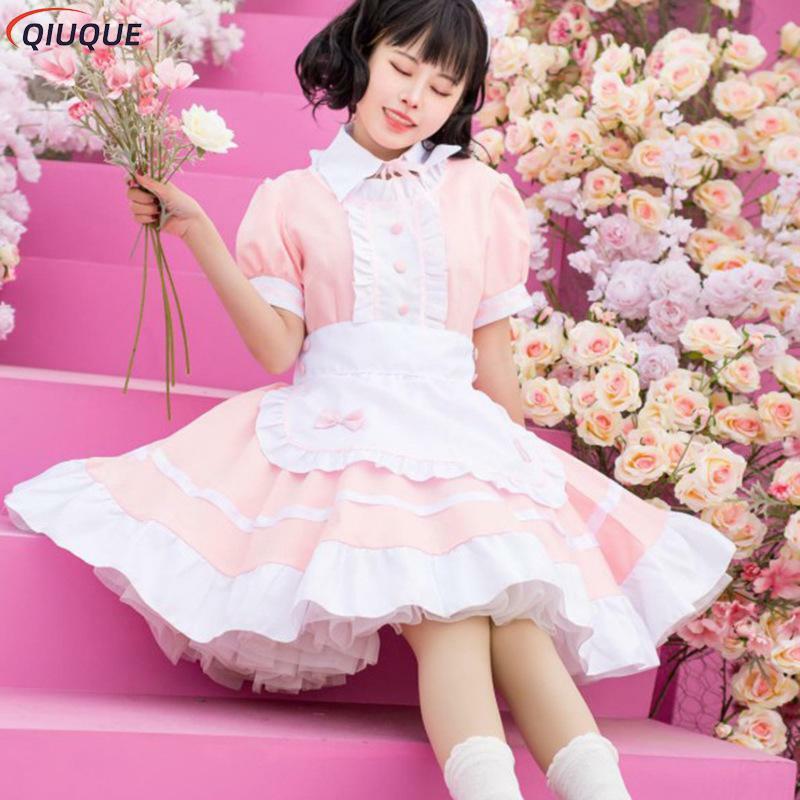 Vestido largo de sirvienta para mujer y niña, traje de Cosplay de Anime, color rosa claro, traje de camarera y Estudiante