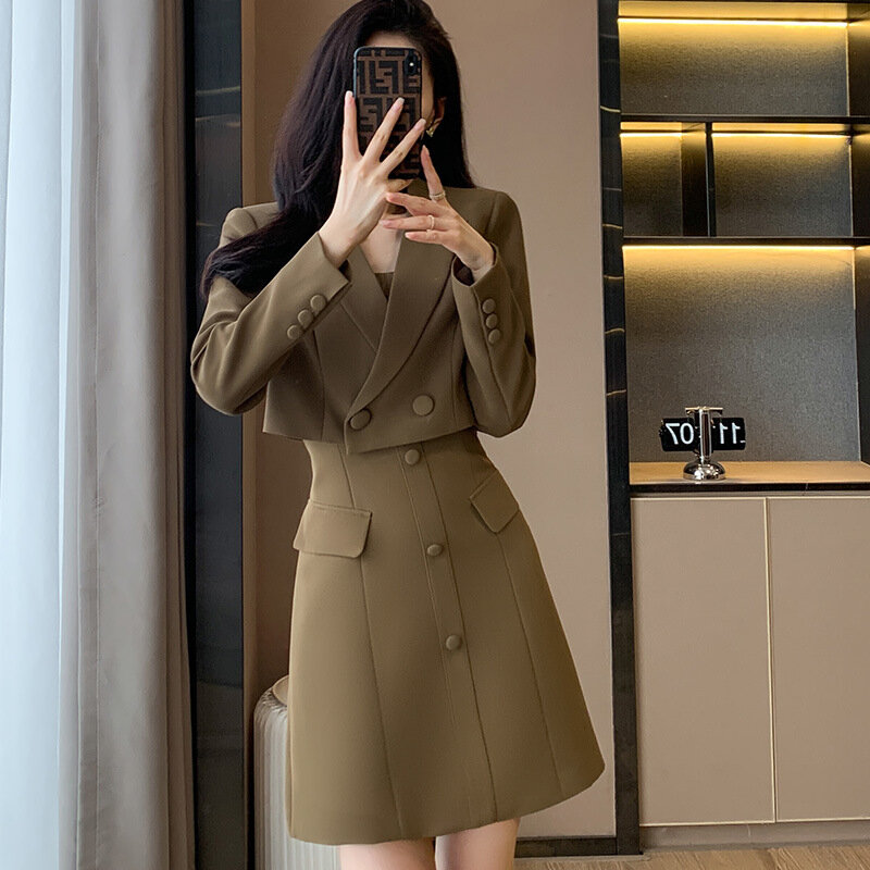 Setelan Bisnis Wanita Elegan dengan Gaun dan Jaket Mantel Formal Pakaian Kerja Kantor Profesional Blazer Set Pakaian Gaya OL