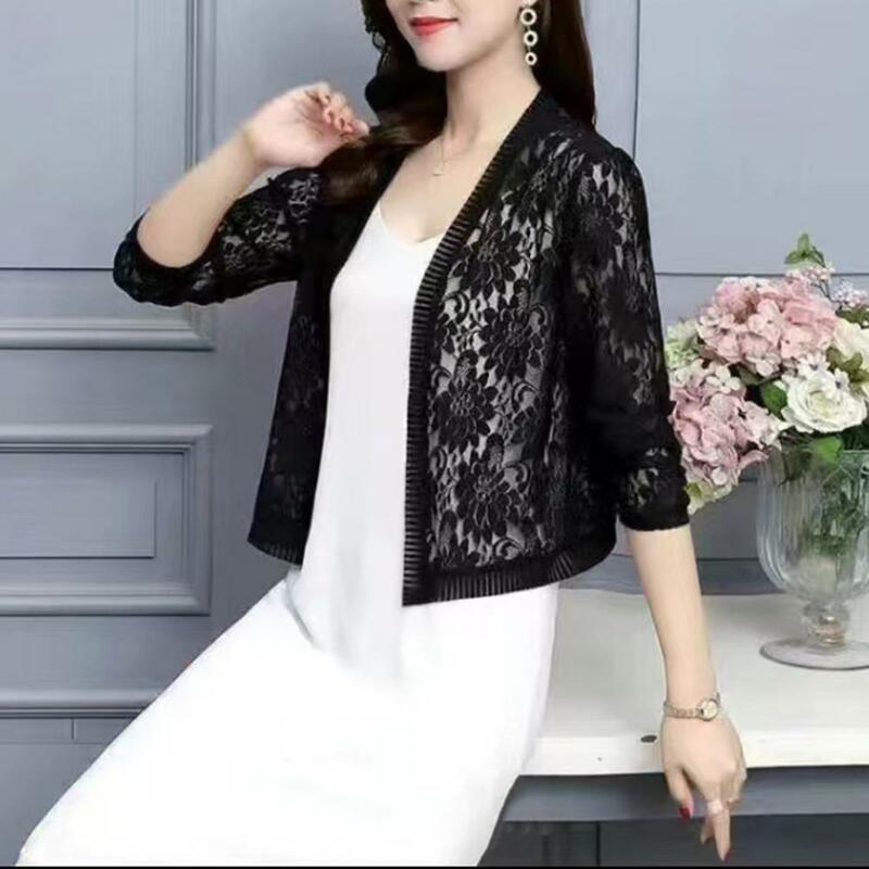 Chic Open Front Quick Drying Ladies Summer Short Top Cover Up Breathable Women Lace Cardigan Streetwear