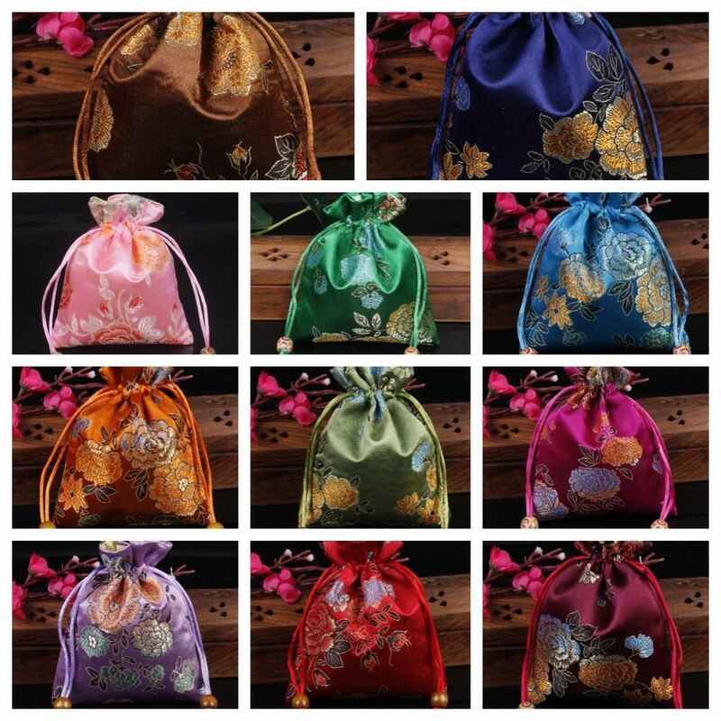 Bolsa con cordón de flores bordadas de estilo chino, monedero, bolsa de dulces, bolsa de embalaje de joyería, bolsa de cubo, billetera pequeña de estilo étnico
