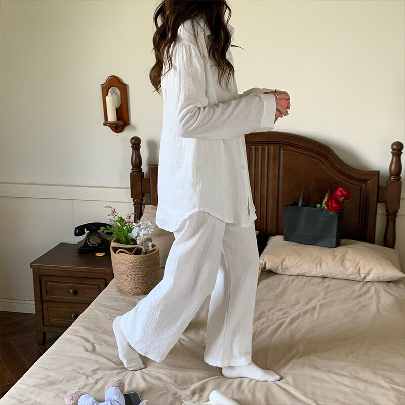 Conjunto de Pijama de 2 piezas para mujer, ropa de dormir suave, 100% algodón, camisa de manga larga con solapa, pantalones, traje