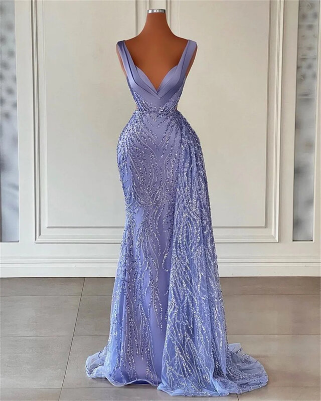 Neue arabische Luxus Abendkleid V-Ausschnitt ärmellose lila Satin Falten Ballkleid schlanke Meerjungfrau Abendkleid Hochzeits kleid
