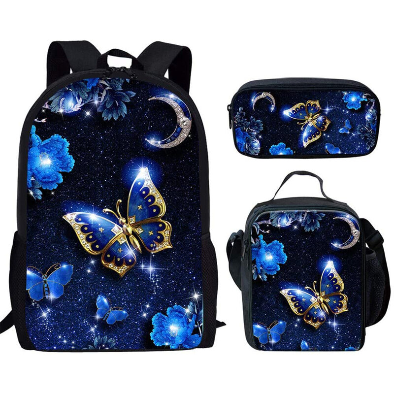 ベルギーの女の子のための青い蝶のデザインのバッグ,学校のバックパック,学生のためのランドセル,3ユニット