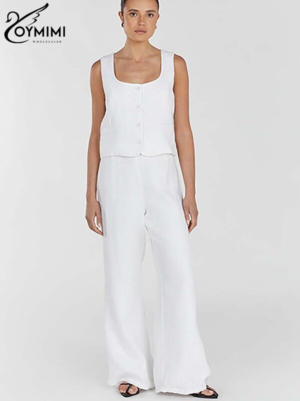 Oymimi Fashion White Sets Womens 2 Piece Elegant Slip Sleeveless Button Tank Tops And High Waist Simple Trousers Sets Streetwear