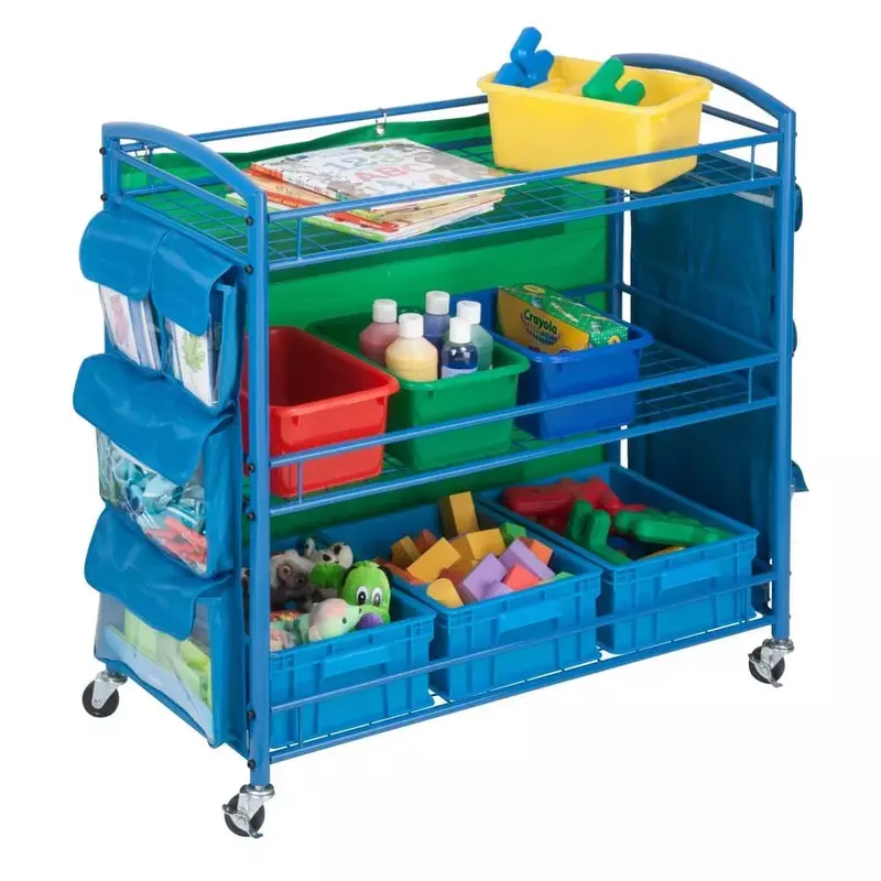 Honey-Can-Do 3 Tier All-Purpose Rolling Cart para professores com bolsos laterais, azul, novo